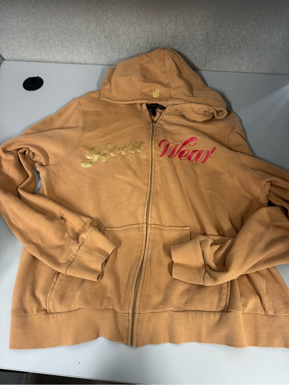 Y2K Rocawear Tan Zip-Up Hoodie with Gold & Red Logo - Women’s 1X